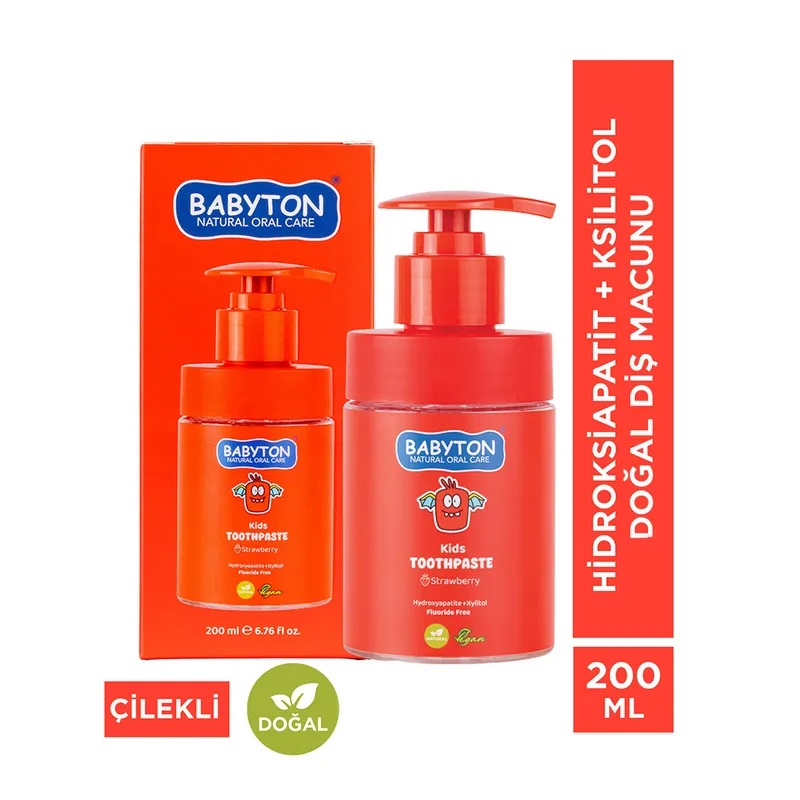 Babyton Kids Toothpaste Hydroxyapatite- Xylitol Pompalı Doğal Çilekli Diş Macunu 200 ml